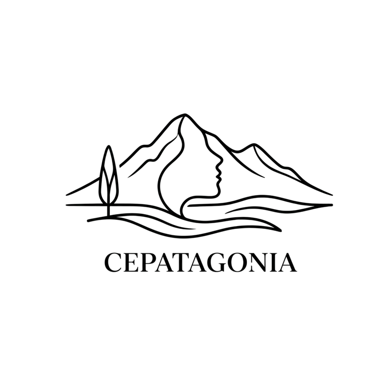 Isotipo y logotipo de CEPATAGONIA: montaña, lago y perfil humano en un trazo continuo