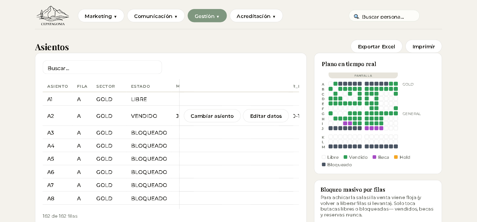 Tabla de butacas y plano de la sala en tiempo real