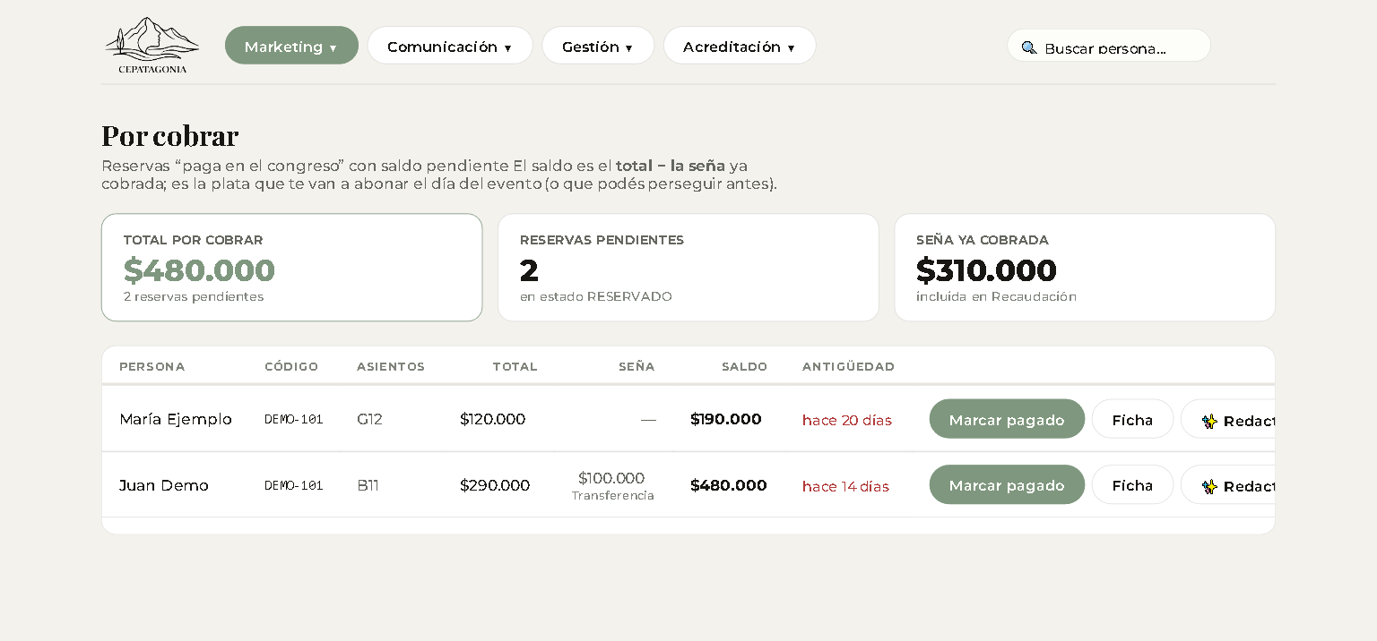 Vista de reservas con saldo pendiente de cobro