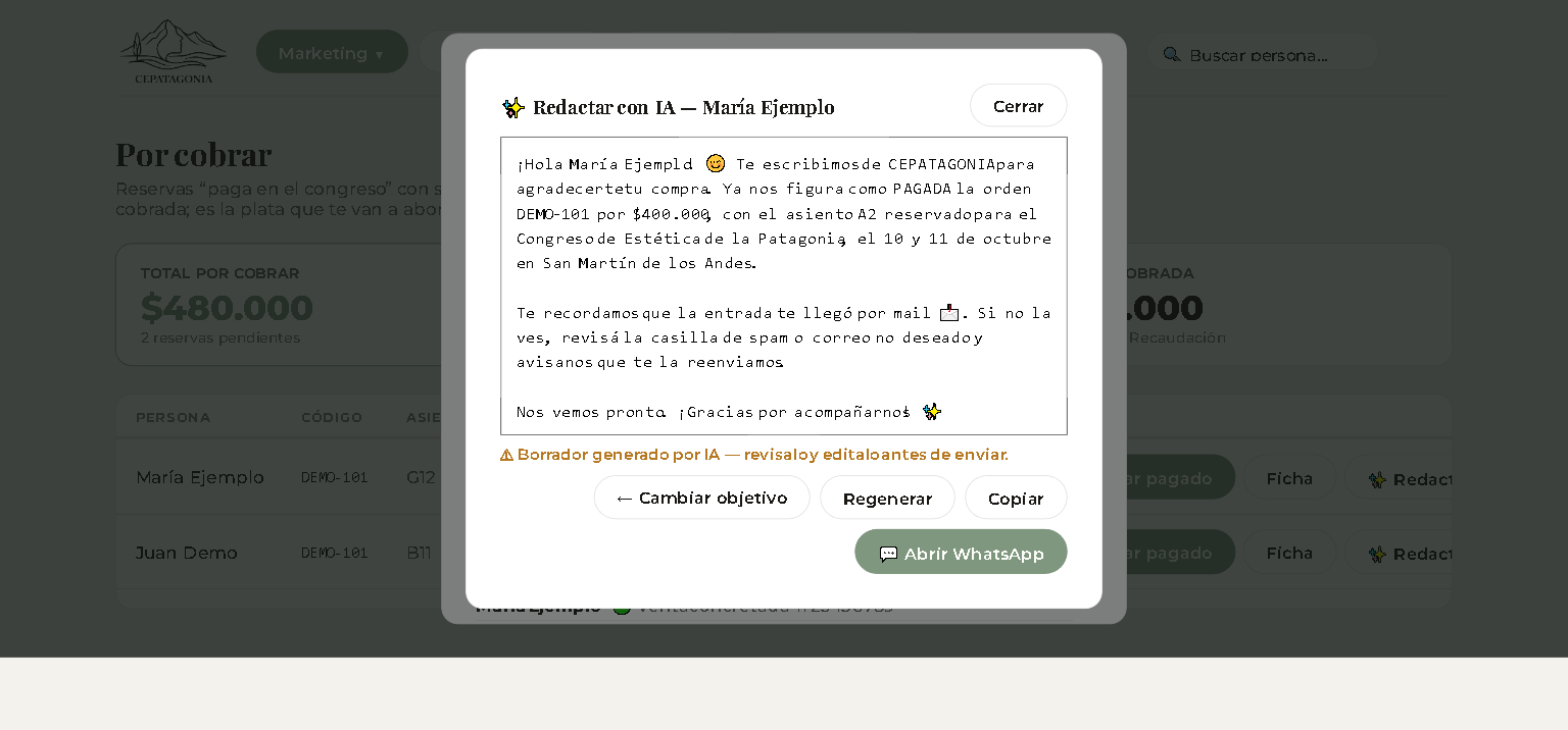 Modal de redacción de mensajes con inteligencia artificial
